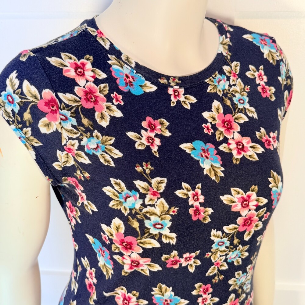 Blue Sol Tee Shirt Women's PL Navy Pink Blue Floral Cap Sleeve Crew Neck - Picture 3 of 8